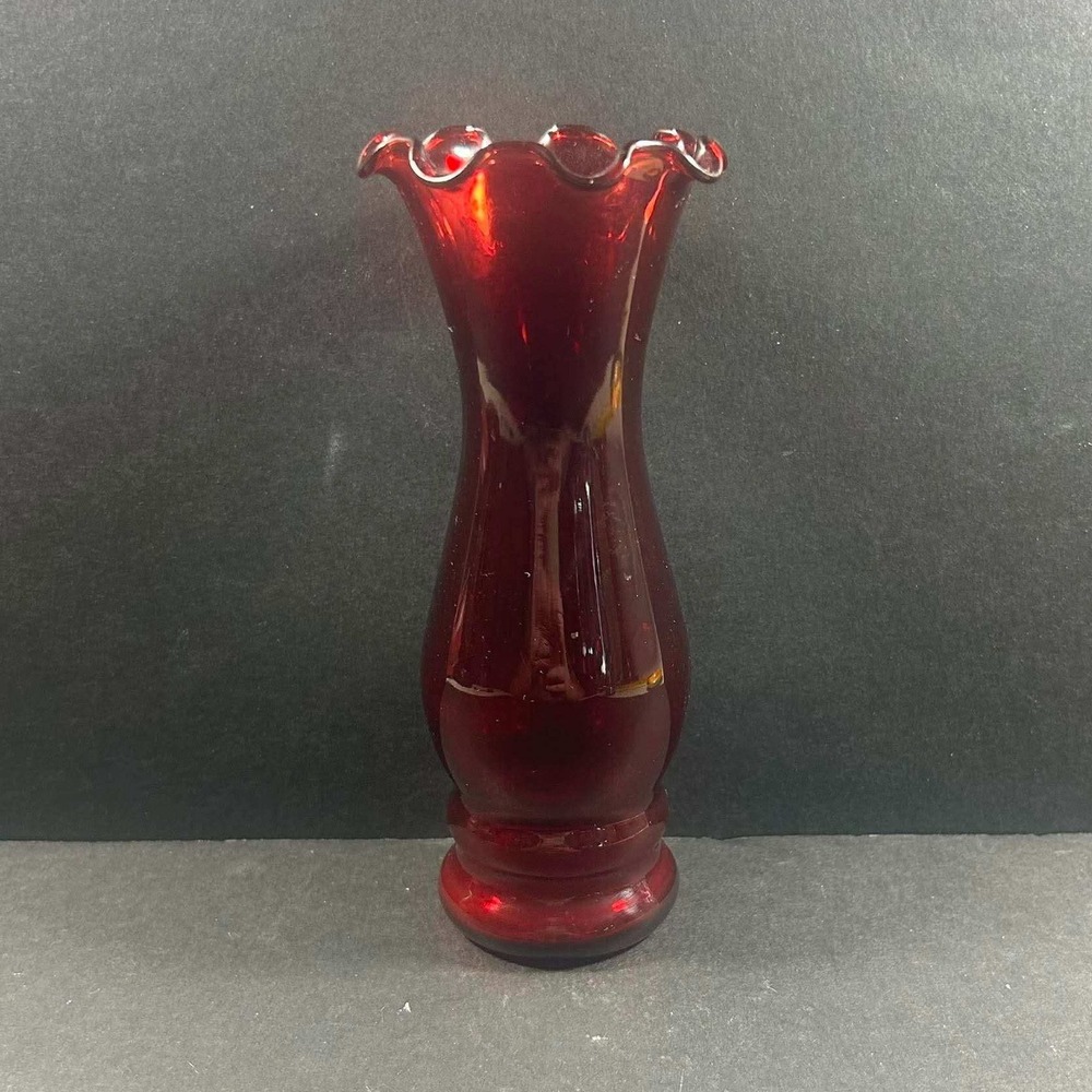 Ruby Red Glass Ruffled Trimmed Hourglass Vase Vintage Decor